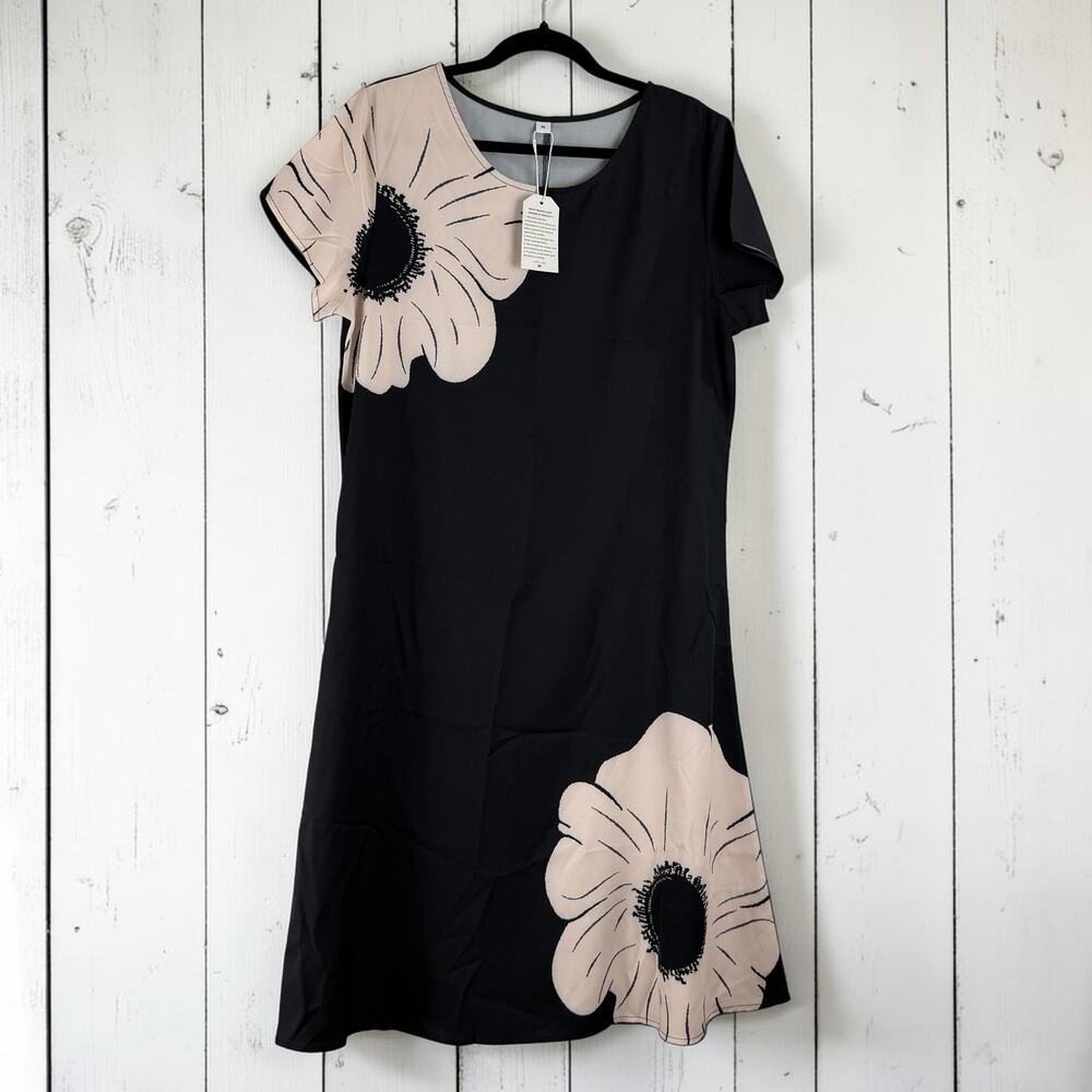 Boutique Floral Shift Dress XL Black Cream Graphic Minimalist